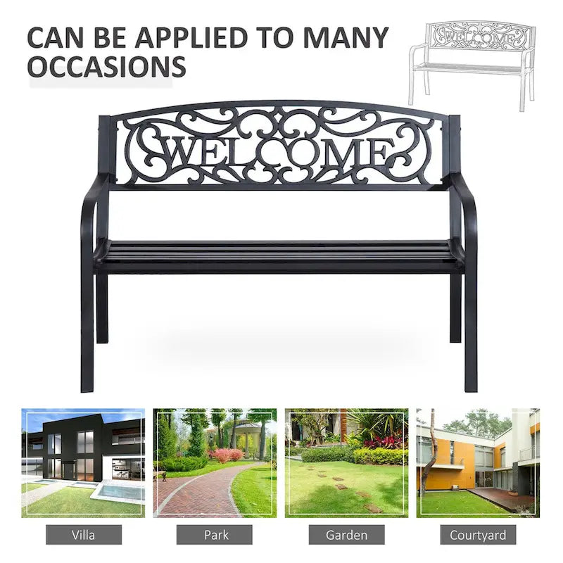 Outdoor Metal Garden Bench with Slatted Seat for Park, Porch, Yard, Entryway, Black