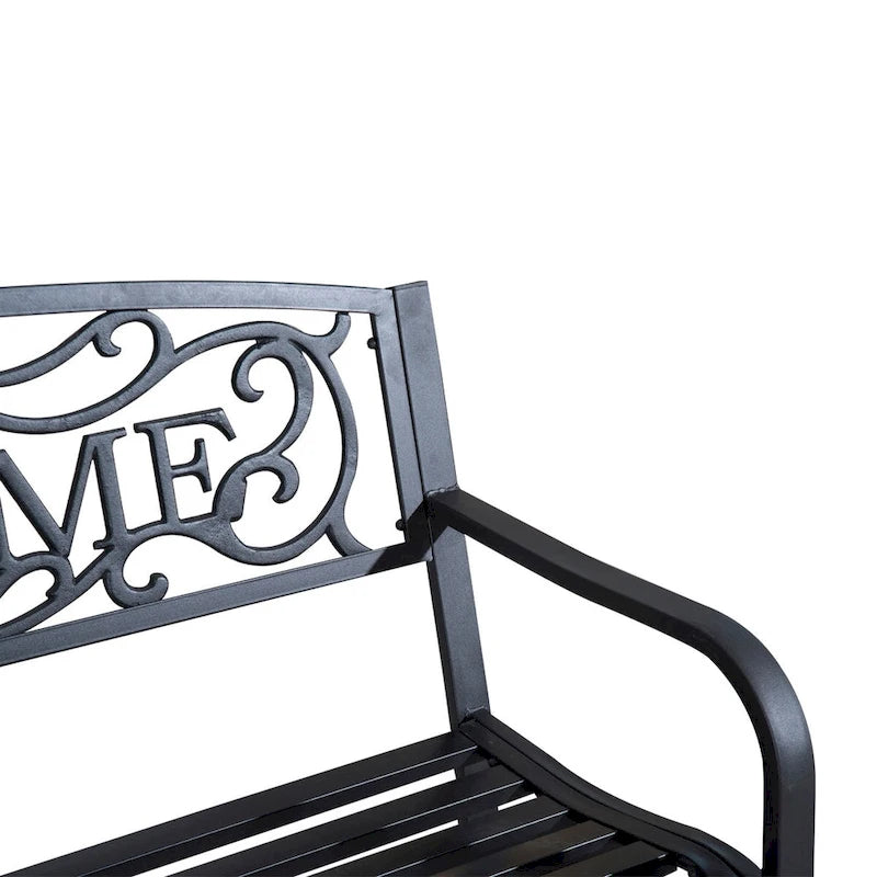 Outdoor Metal Garden Bench with Slatted Seat for Park, Porch, Yard, Entryway, Black