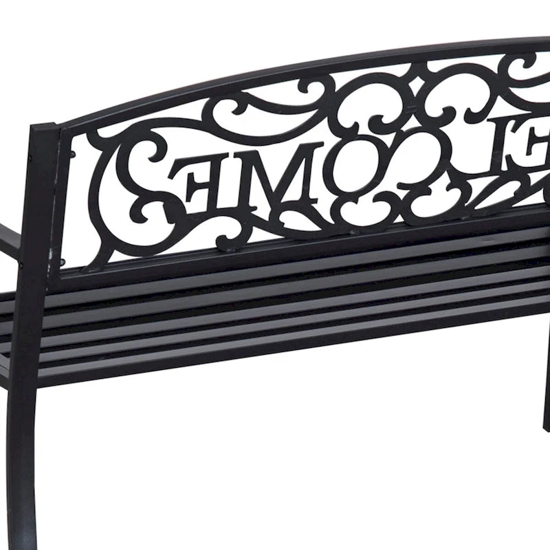 Outdoor Metal Garden Bench with Slatted Seat for Park, Porch, Yard, Entryway, Black