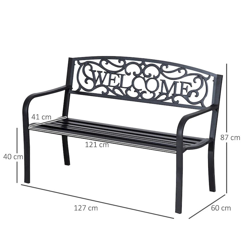 Outdoor Metal Garden Bench with Slatted Seat for Park, Porch, Yard, Entryway, Black