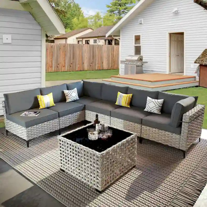 OVIOS 7 Pieces Outdoor Wicker Furniture Set With Solar-Powered Coffee Table