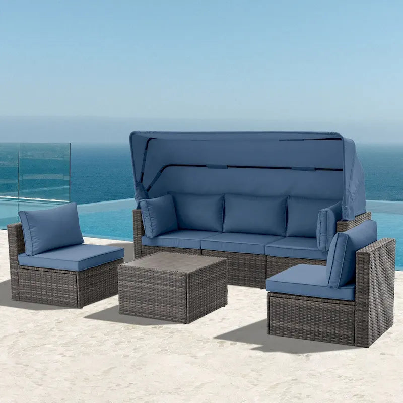 6-Piece Handwoven Rattan Wicker Outdoor Sectional Sofa Set with Cushions and Adjustable Canopy and Backrest