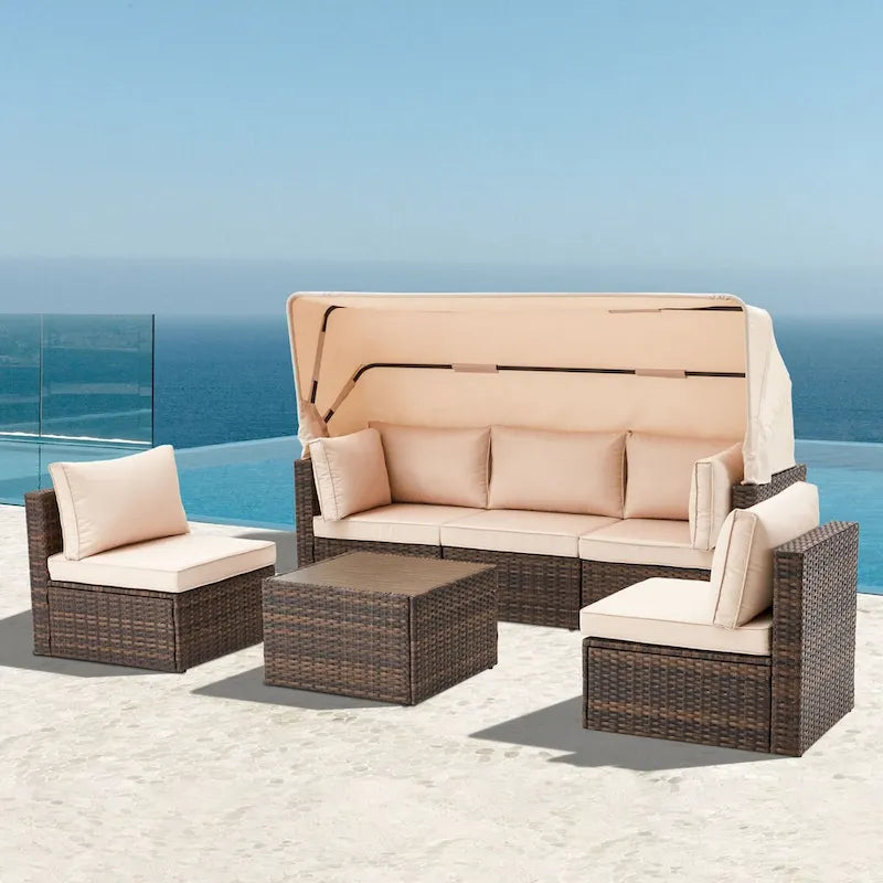 6-Piece Handwoven Rattan Wicker Outdoor Sectional Sofa Set with Cushions and Adjustable Canopy and Backrest