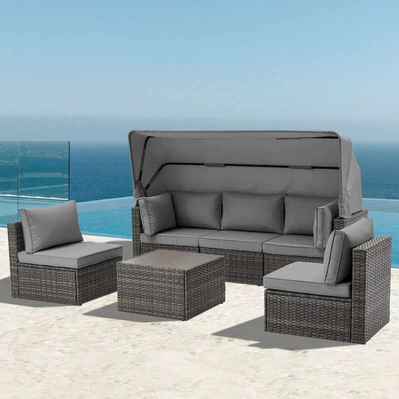 6-Piece Handwoven Rattan Wicker Outdoor Sectional Sofa Set with Cushions and Adjustable Canopy and Backrest