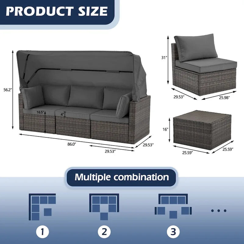 6-Piece Handwoven Rattan Wicker Outdoor Sectional Sofa Set with Cushions and Adjustable Canopy and Backrest