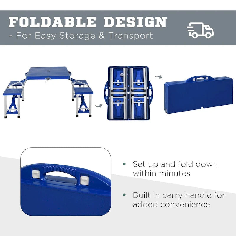 Portable Folding Picnic Table with Seats and Umbrella Hole, Multipurpose Table with Camping Chairs Set, 4-Seat, Aluminum Frame