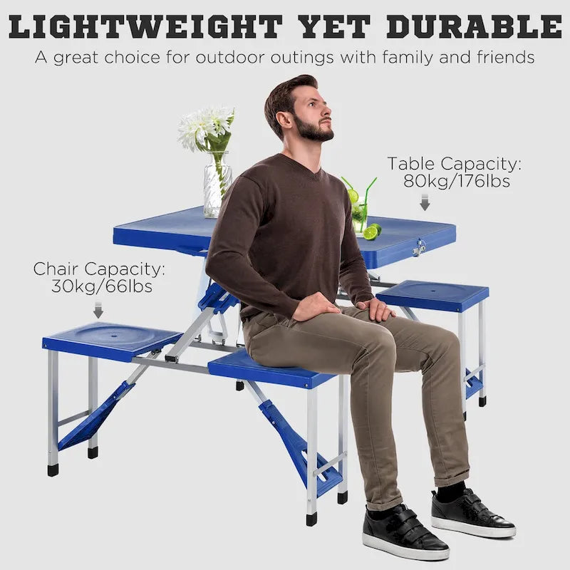 Portable Folding Picnic Table with Seats and Umbrella Hole, Multipurpose Table with Camping Chairs Set, 4-Seat, Aluminum Frame