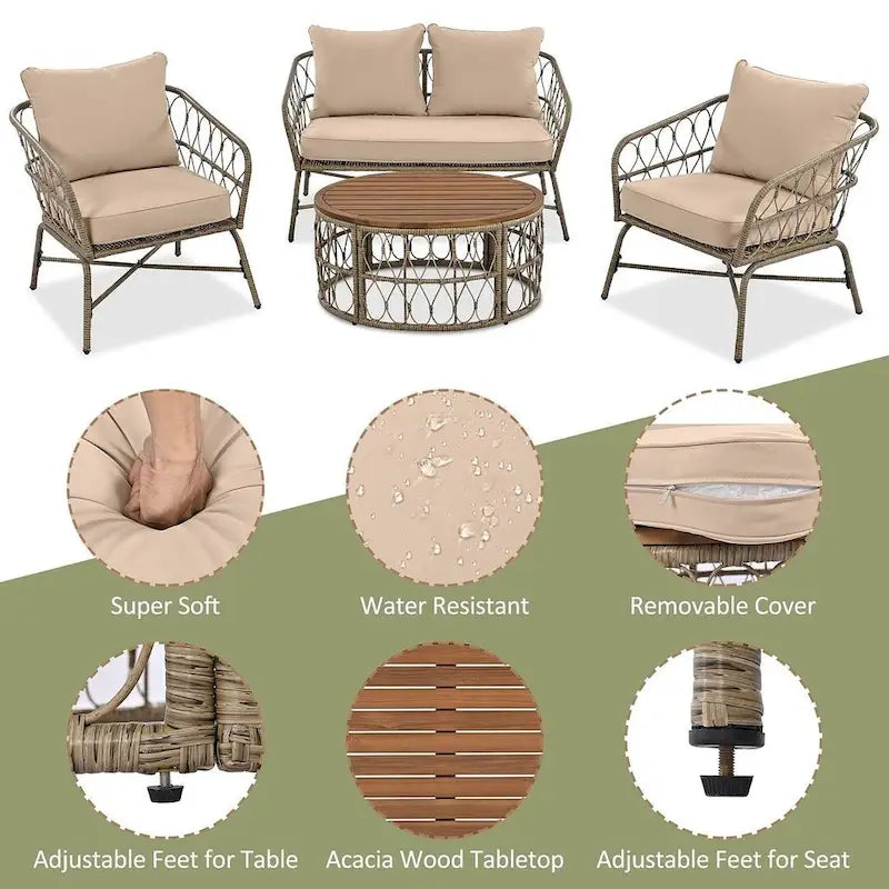 4 PCS Boho-Inspired Outdoor Patio Furniture Set for 4