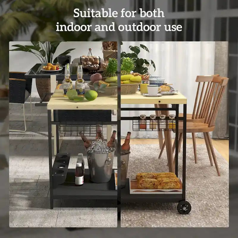 Outdoor Bar Cart, Patio Rolling Serving Cart with Wheels, Side Handle, 2 Baskets, 4 Wine Holders