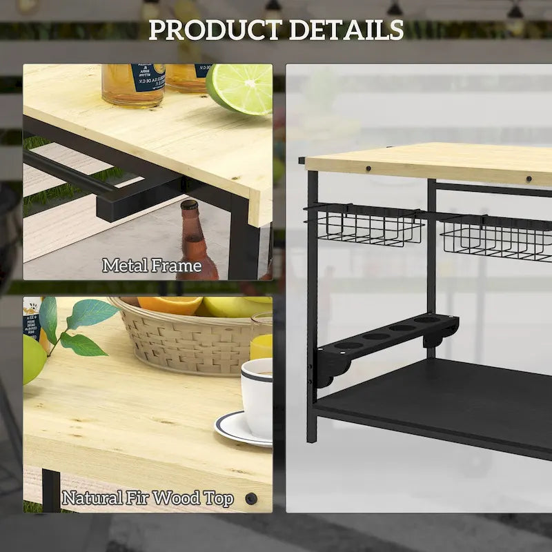 Outdoor Bar Cart, Patio Rolling Serving Cart with Wheels, Side Handle, 2 Baskets, 4 Wine Holders