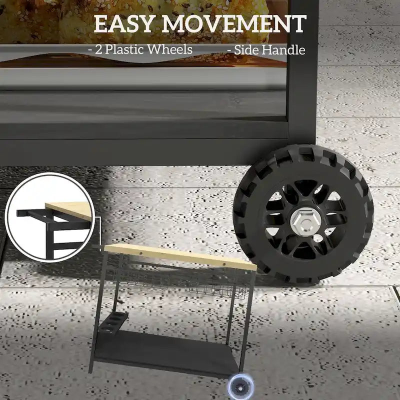 Outdoor Bar Cart, Patio Rolling Serving Cart with Wheels, Side Handle, 2 Baskets, 4 Wine Holders