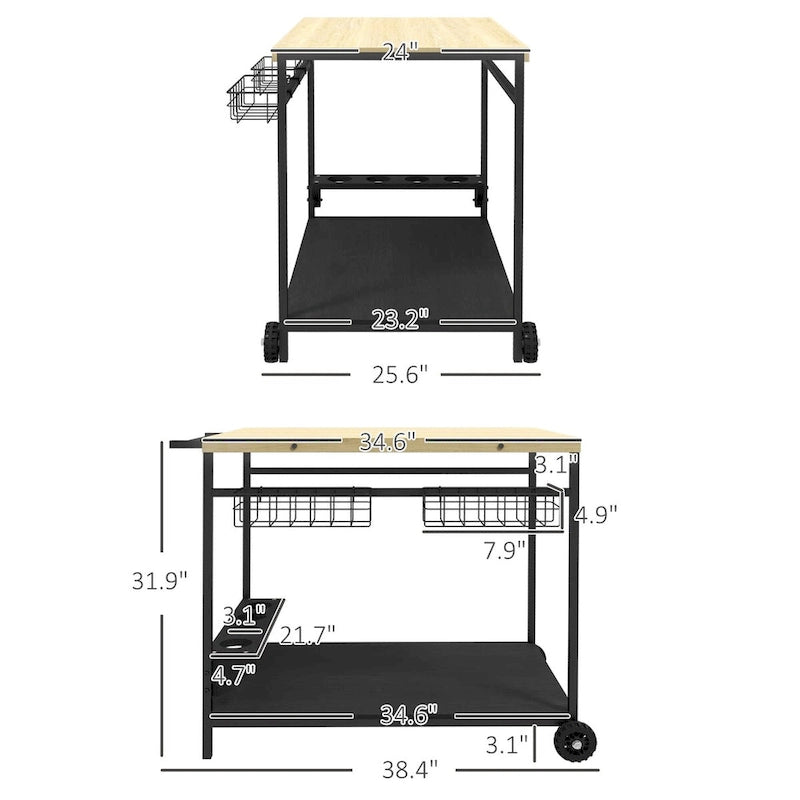 Outdoor Bar Cart, Patio Rolling Serving Cart with Wheels, Side Handle, 2 Baskets, 4 Wine Holders