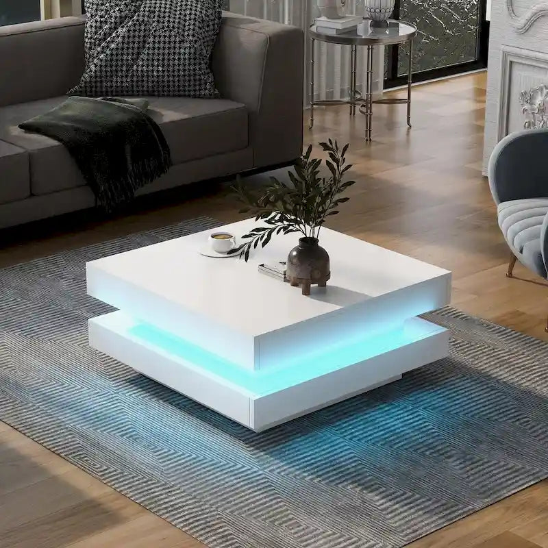 Mieres Modern Coffee Table, Wooden Cocktail Table, Square Coffee Table with LED Lights and Double-layer storage, Center Table