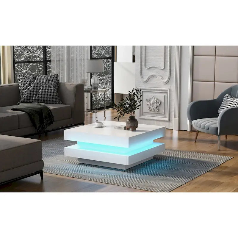 Mieres Modern Coffee Table, Wooden Cocktail Table, Square Coffee Table with LED Lights and Double-layer storage, Center Table