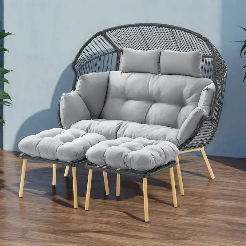 2 Person Outdoor Patio Double Egg Chair with Ottoman - Dark Grey