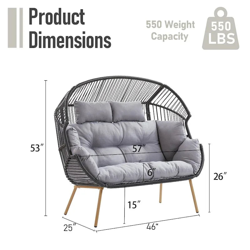 2 Person Outdoor Patio Double Egg Chair with Ottoman - Dark Grey