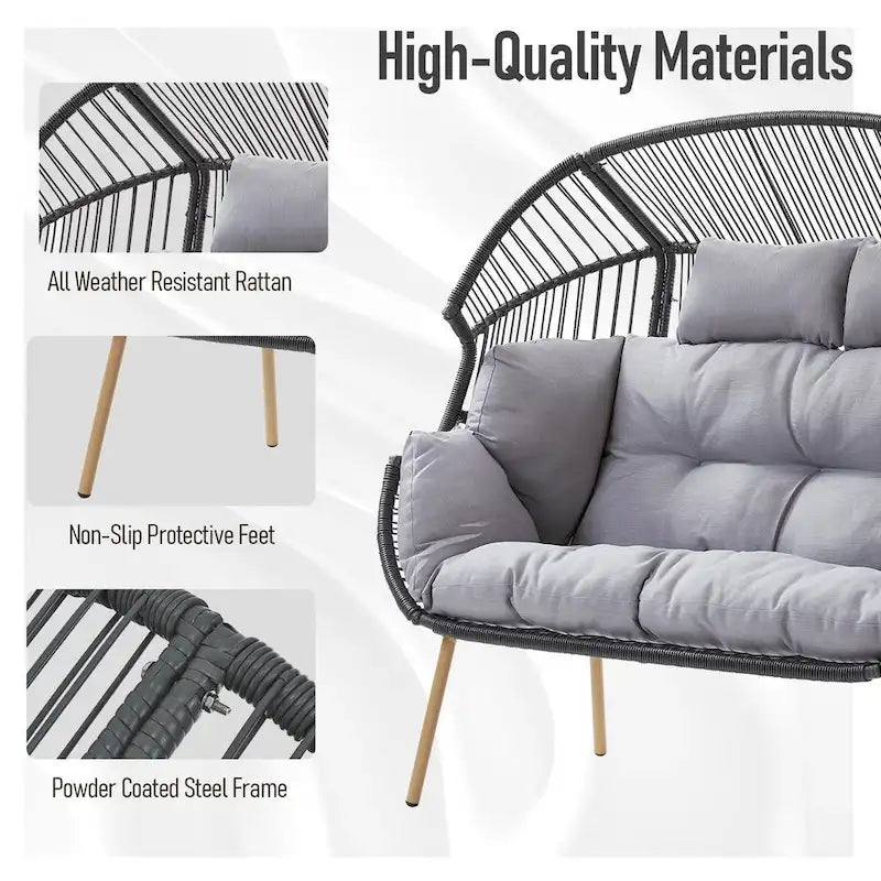 2 Person Outdoor Patio Double Egg Chair with Ottoman - Dark Grey