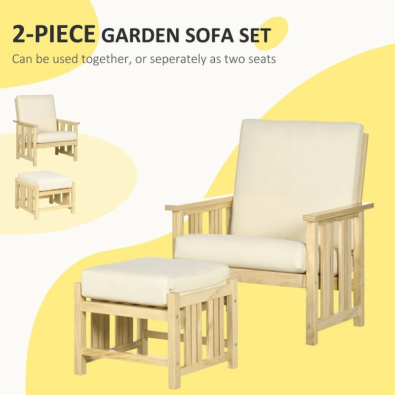 2 Piece Patio Furniture Set, Wood Outdoor Patio Chair with Ottoman, Cushioned Outdoor Lounge Chair, Sofa Chair with Footrest