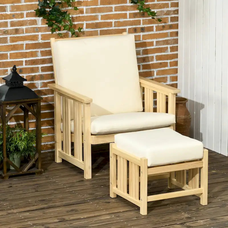 2 Piece Patio Furniture Set, Wood Outdoor Patio Chair with Ottoman, Cushioned Outdoor Lounge Chair, Sofa Chair with Footrest