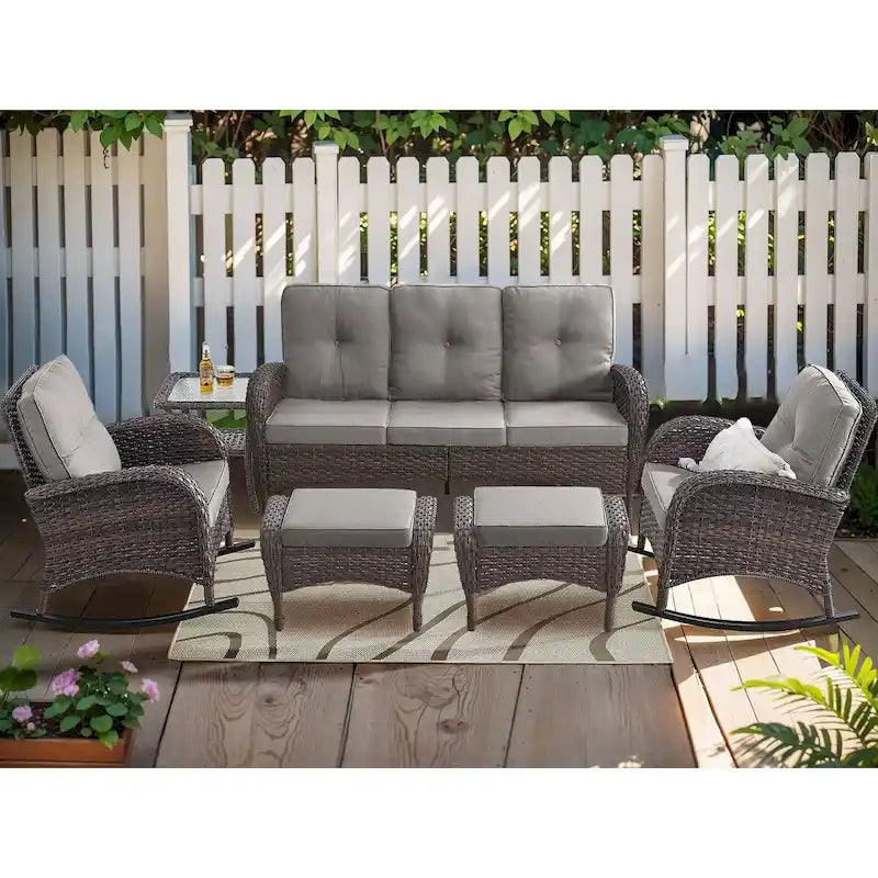 Patio Rocking Chair with 3-seat Sofa and Ottomans - Brown