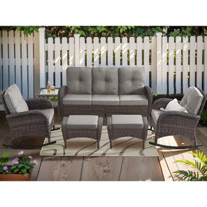 Patio Rocking Chair with 3-seat Sofa and Ottomans - Brown