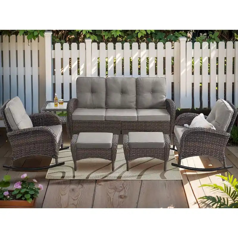 Patio Rocking Chair with 3-seat Sofa and Ottomans - Brown