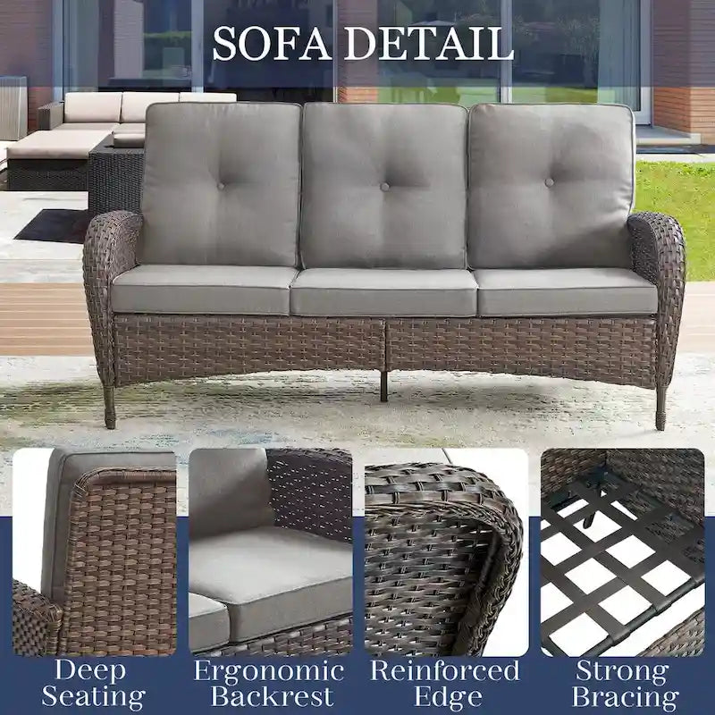 Patio Rocking Chair with 3-seat Sofa and Ottomans - Brown