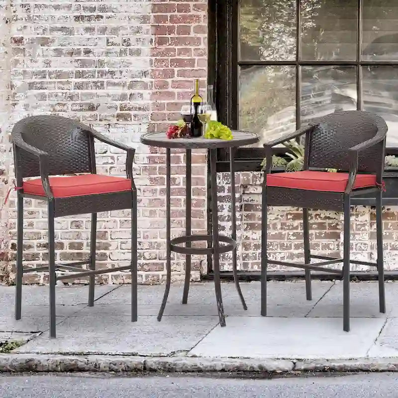 3-Piece Outdoor Wicker Patio Bar Stools with Table Set