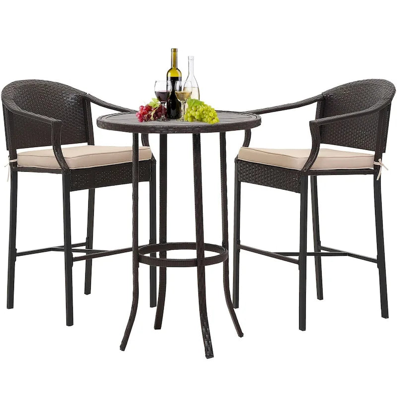 3-Piece Outdoor Wicker Patio Bar Stools with Table Set