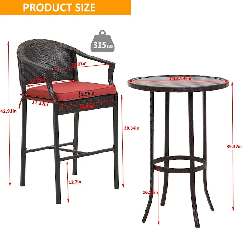 3-Piece Outdoor Wicker Patio Bar Stools with Table Set