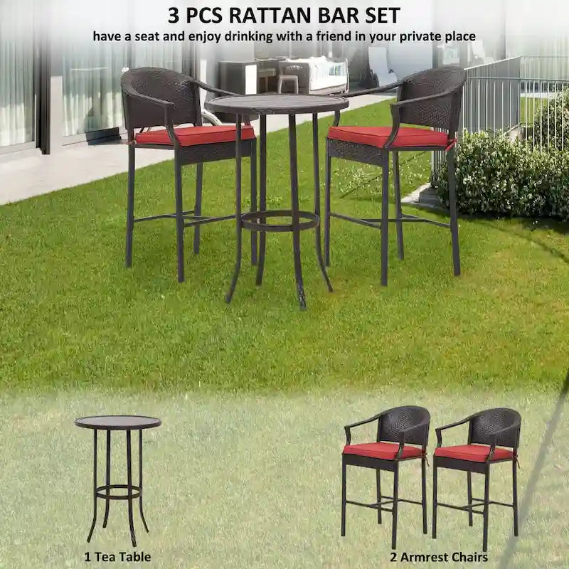 3-Piece Outdoor Wicker Patio Bar Stools with Table Set