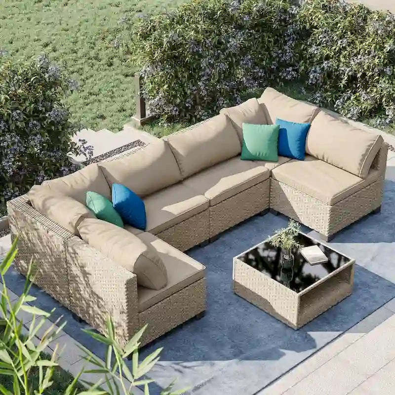 Outdoor Conversation Set, 7-Piece Sectional Sofa with All-Weather Design and Grey Cushions