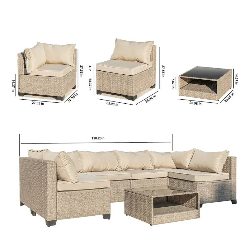 Outdoor Conversation Set, 7-Piece Sectional Sofa with All-Weather Design and Grey Cushions