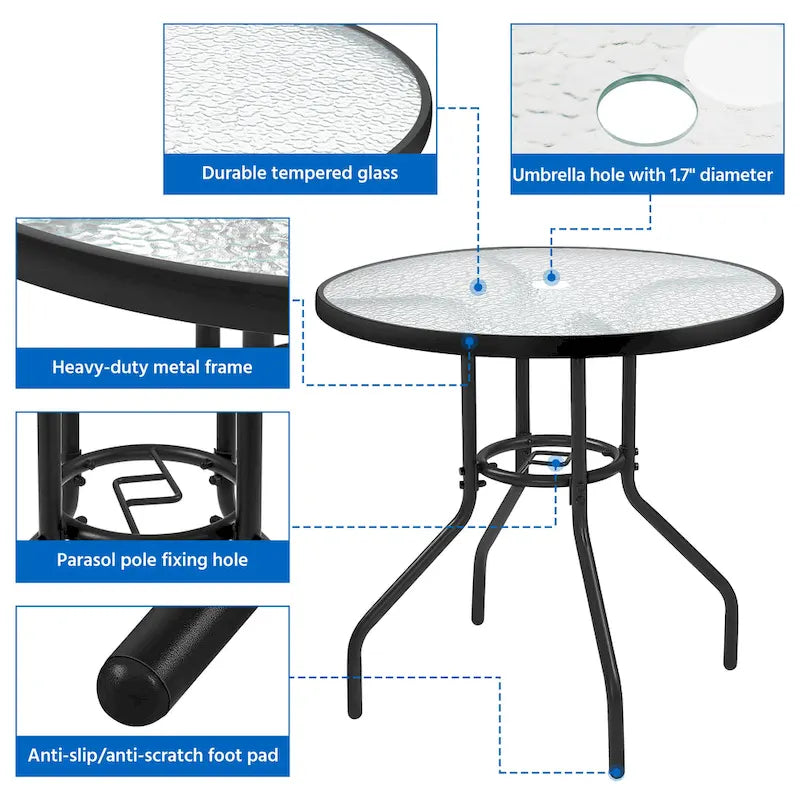 Yaheetech 31.5 Bistro Table Tempered Glass Top with Umbrella Hole