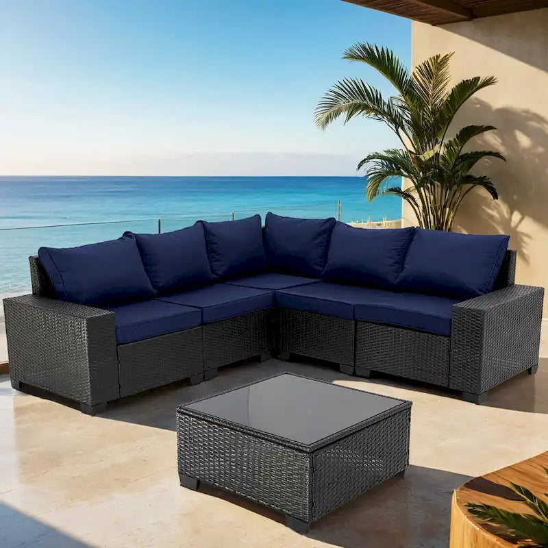 6-Pieces Wicker Outdoor Sectional Set with Cushions and Coffee Table