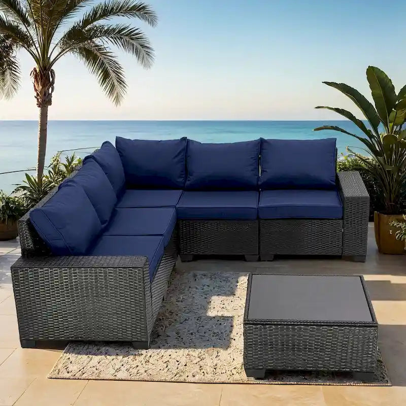 6-Pieces Wicker Outdoor Sectional Set with Cushions and Coffee Table