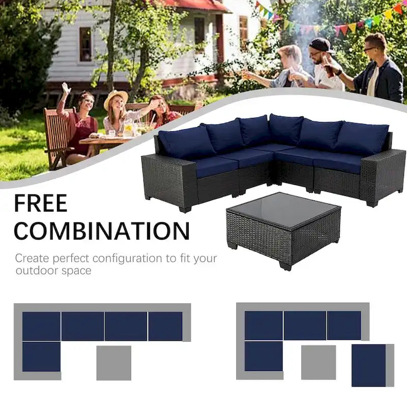 6-Pieces Wicker Outdoor Sectional Set with Cushions and Coffee Table