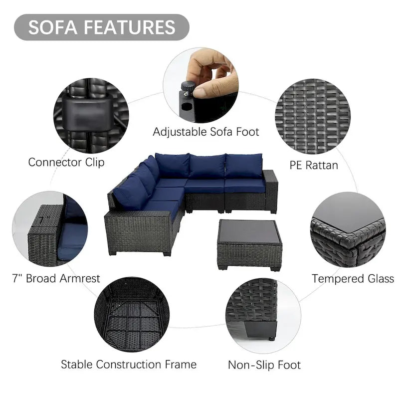 6-Pieces Wicker Outdoor Sectional Set with Cushions and Coffee Table