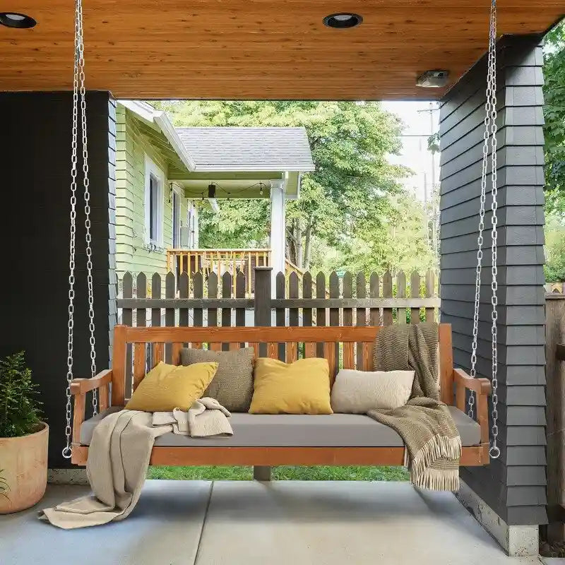 3-person Solid Wood Porch Swing with Cushion - N/A