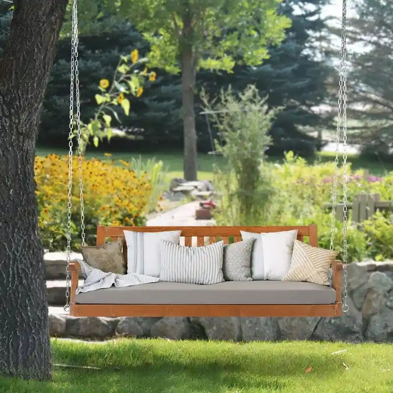3-person Solid Wood Porch Swing with Cushion - N/A