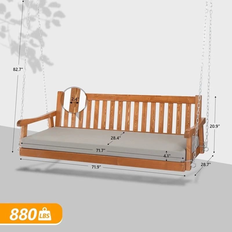 3-person Solid Wood Porch Swing with Cushion - N/A