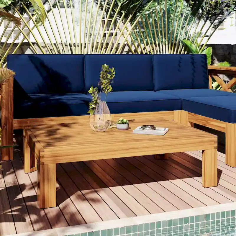 Outdoor Backyard Patio Wood 5-Piece Sectional Sofa Seating Group Set with Cushions, Natural Finish+ Cushions