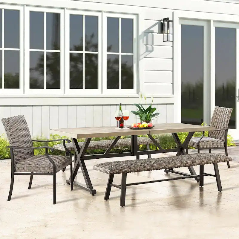 Outdoor 1 Table with Umbrella Hole, 2 Wicker Benches and 2 Armchairs