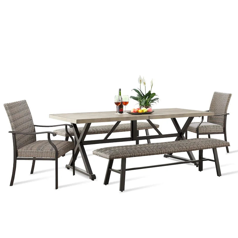 Outdoor 1 Table with Umbrella Hole, 2 Wicker Benches and 2 Armchairs