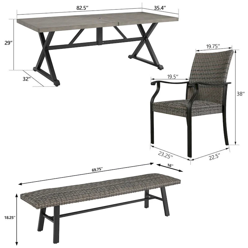 Outdoor 1 Table with Umbrella Hole, 2 Wicker Benches and 2 Armchairs
