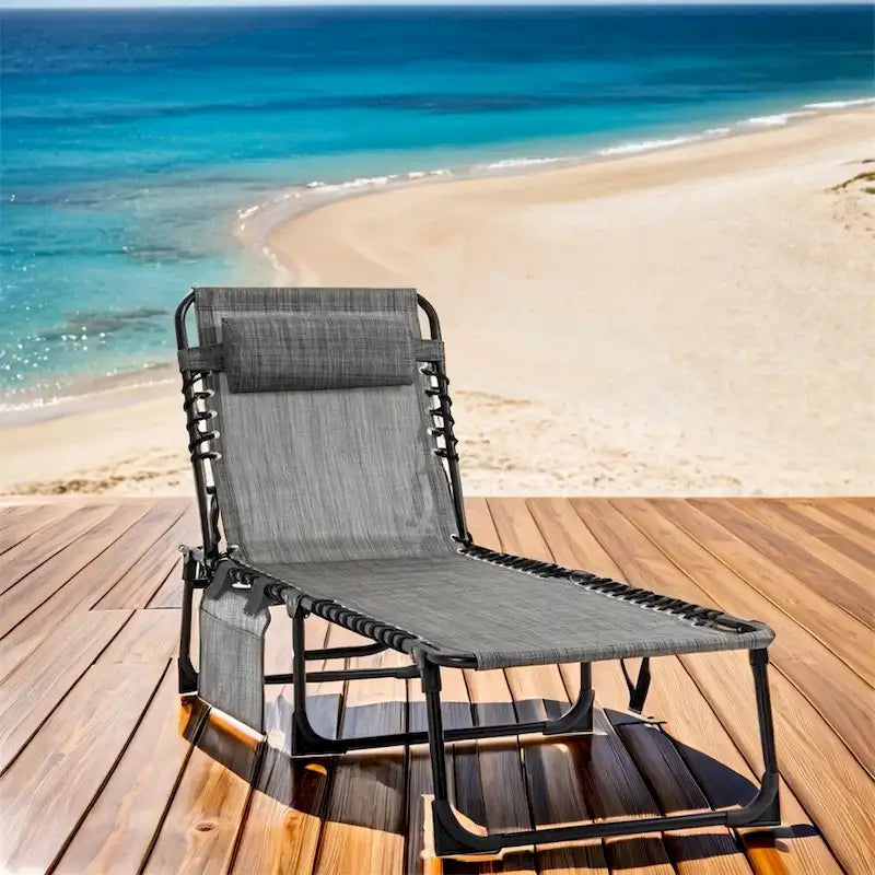 Portable Folding Sun Lounger with Adjustable Back and Removable Pillow