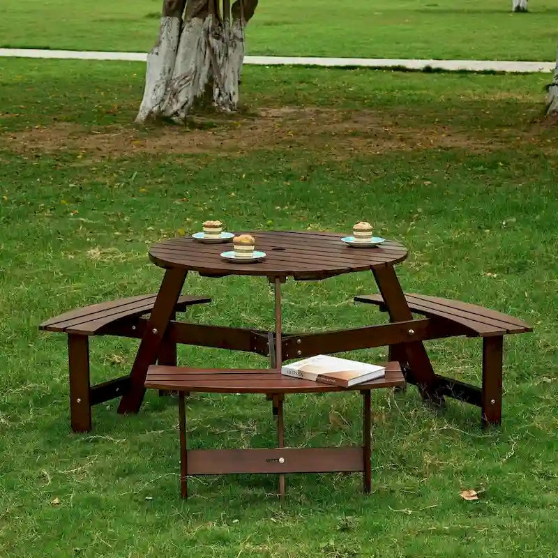 63 in. Wood Round Picnic Tables Set with Umbrella Hole and Benches