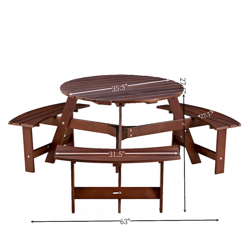 63 in. Wood Round Picnic Tables Set with Umbrella Hole and Benches