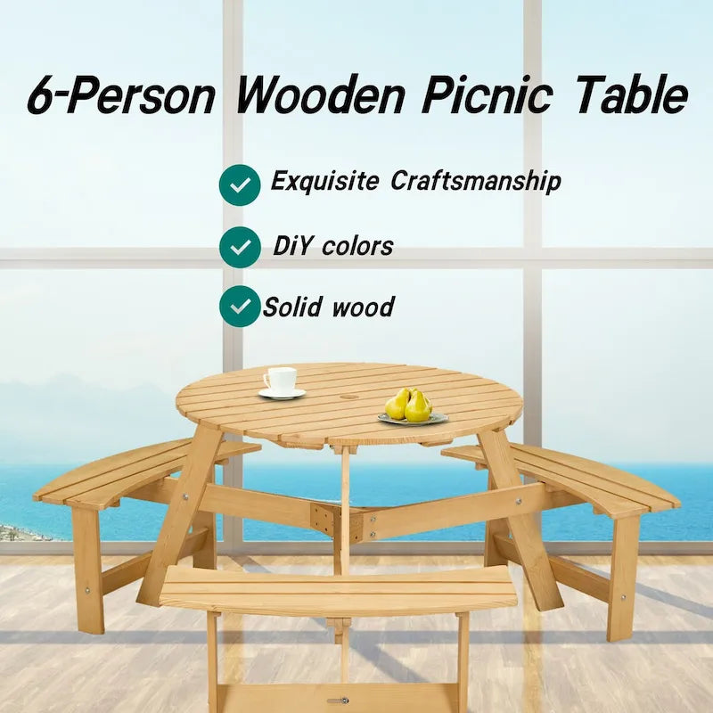 63 in. Wood Round Picnic Tables Set with Umbrella Hole and Benches