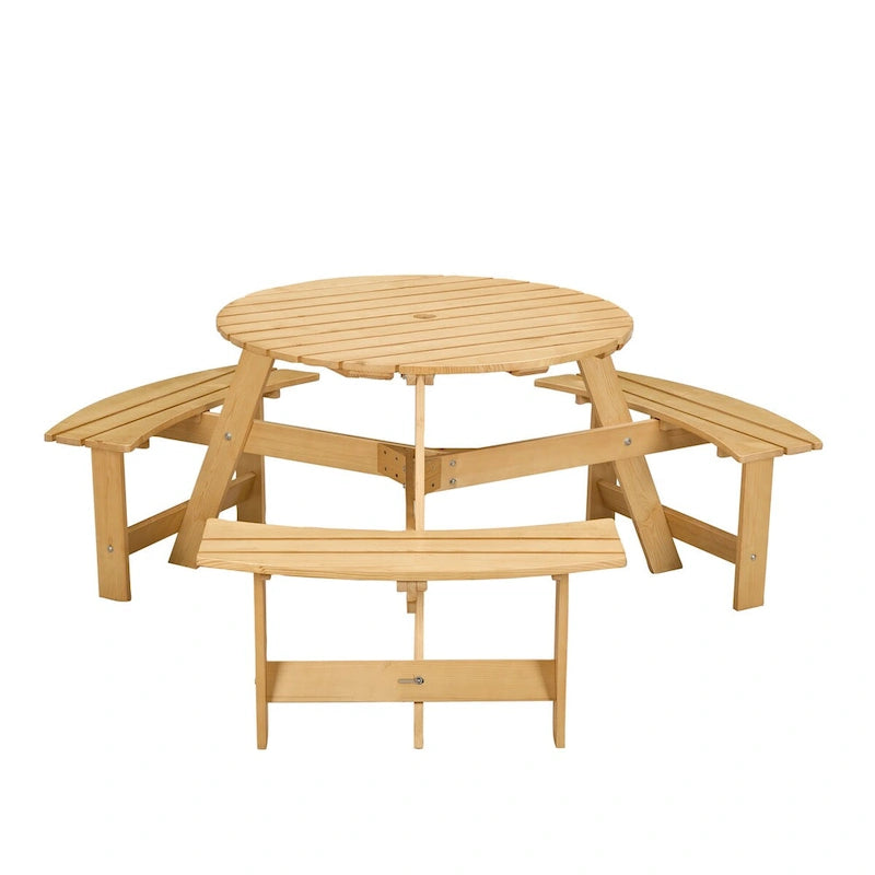63 in. Wood Round Picnic Tables Set with Umbrella Hole and Benches